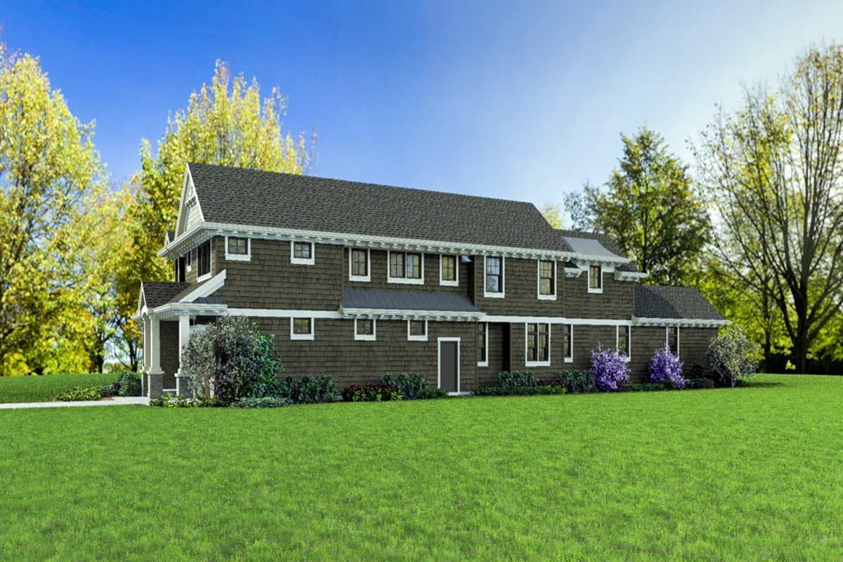 House plan exterior: two-story, dark shingle siding, front porch with columns, prominent gables, and hip roof.