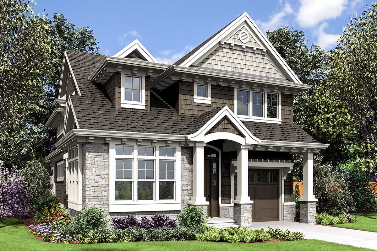 Craftsman style house plan exterior. Two-story home with gabled roof, dormers, and stone accents. Features a covered porch and attached garage.