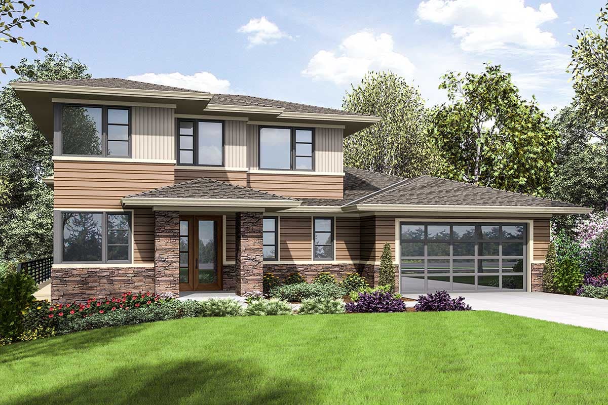 House plan exterior with two stories, flat roof, and stone facade with a glass-paneled garage door and horizontal siding.