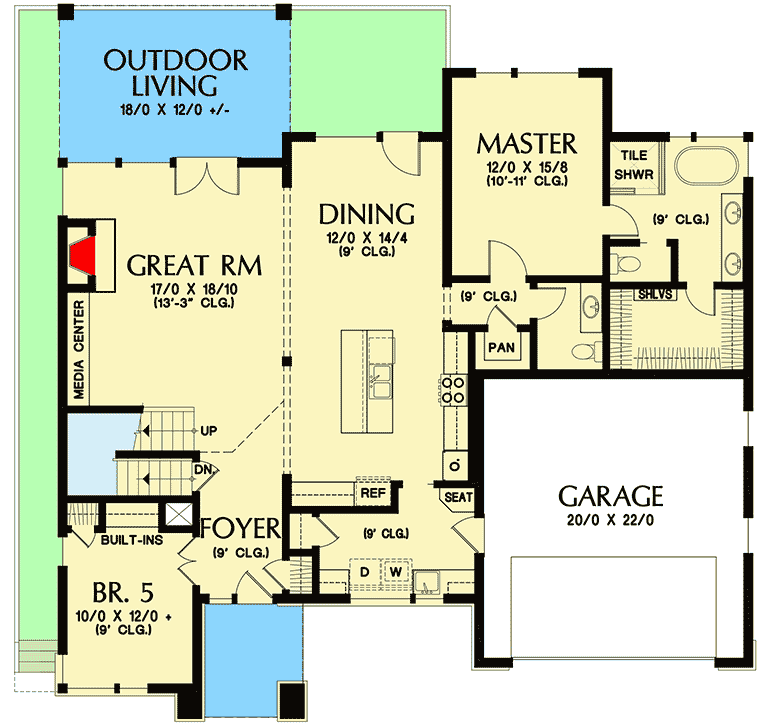 Plan 69669AM: Craftsman House Plan with Lower Level Apartment - Floor Plan - Main Level - Northwest, Prairie