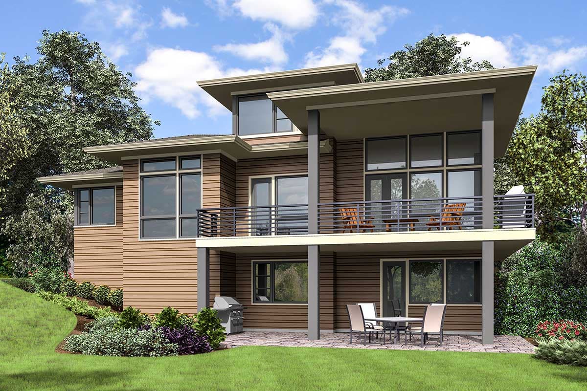Modern house plan exterior with horizontal siding, cantilevered upper level, balcony, and large windows.
