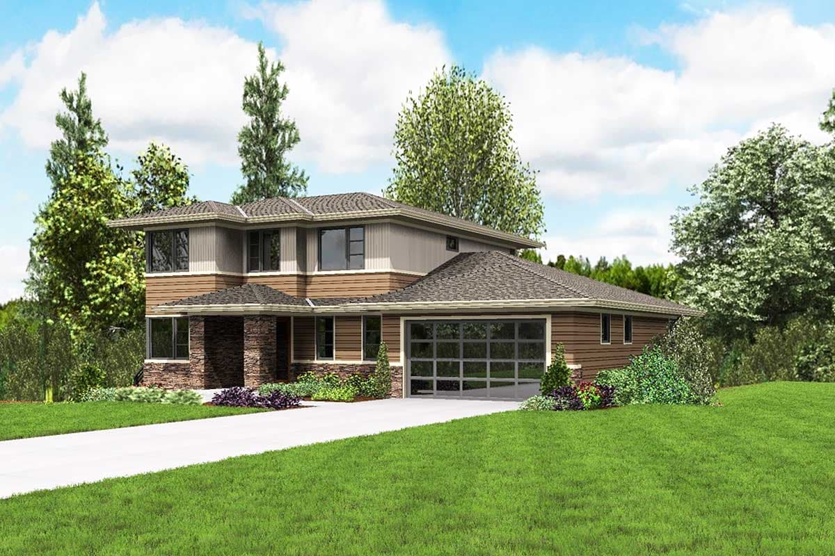 House plan exterior: Two-story Modern style with stone accents, horizontal siding, multiple gables, and a glass garage door.