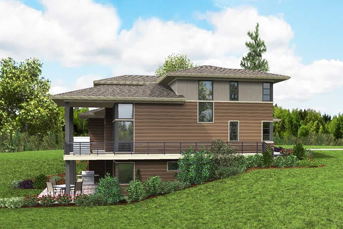 Modern house plan exterior with layered rooflines, horizontal siding, and multiple windows. Features deck and patio.