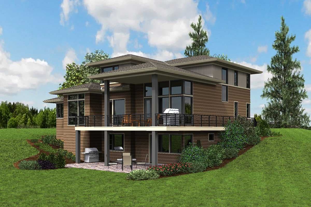 House plan exterior: Modern two-story residence with horizontal siding, large windows, wrap-around deck, and covered lower patio.