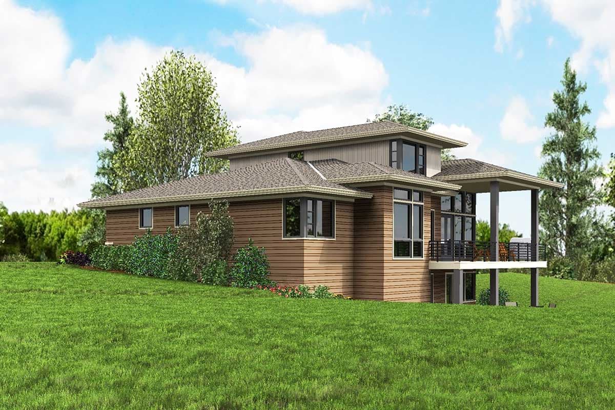 Modern house plan exterior with horizontal siding, large windows, cantilevered second story, and a covered deck supported by columns.