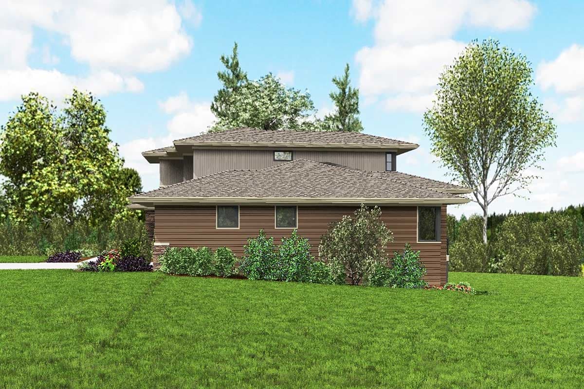 House plan exterior: Two-story Modern style with intersecting gabled rooflines and horizontal siding.