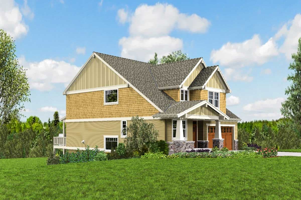 House plan exterior: Two-story home with gabled dormers, shingle siding, stone accents, covered entry, and attached garage.