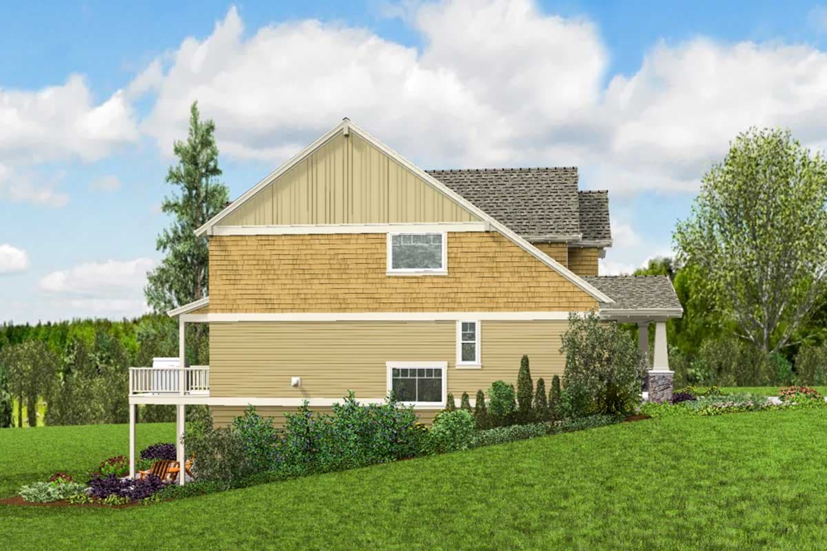 House plan exterior: Two-story, tan siding, cedar shingles, gable, dormer, deck, and covered porch with stone column.