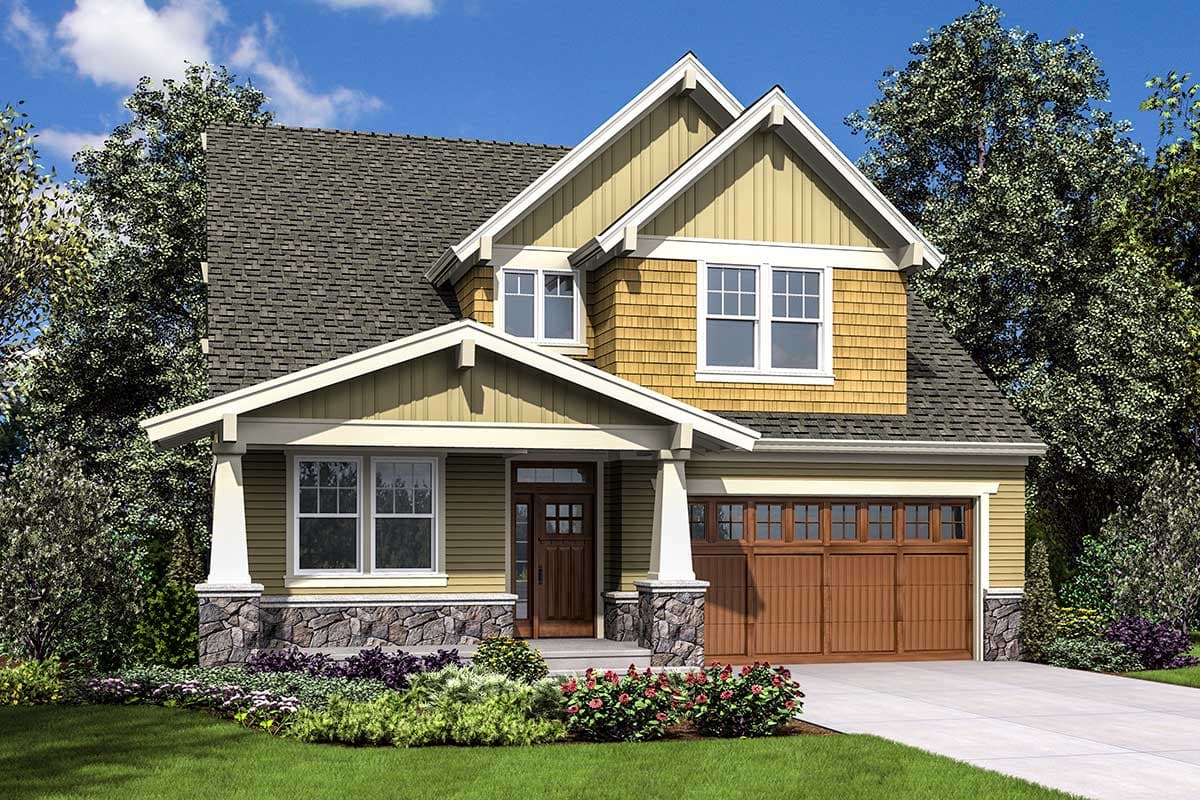Craftsman house plan exterior with stone accents, a gabled roof, and a front porch supported by columns. The garage is on the right side.