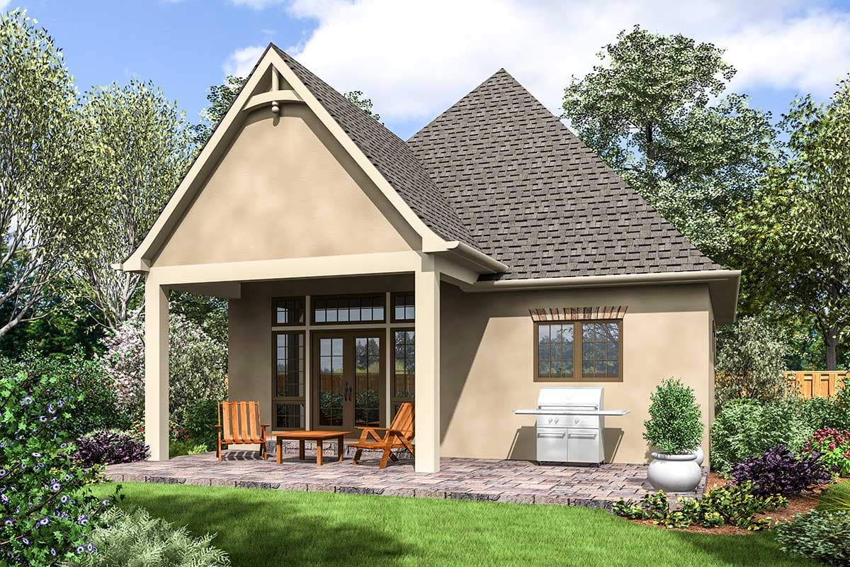 House plan exterior with covered patio, double doors, and a gable with decorative rafter tails.