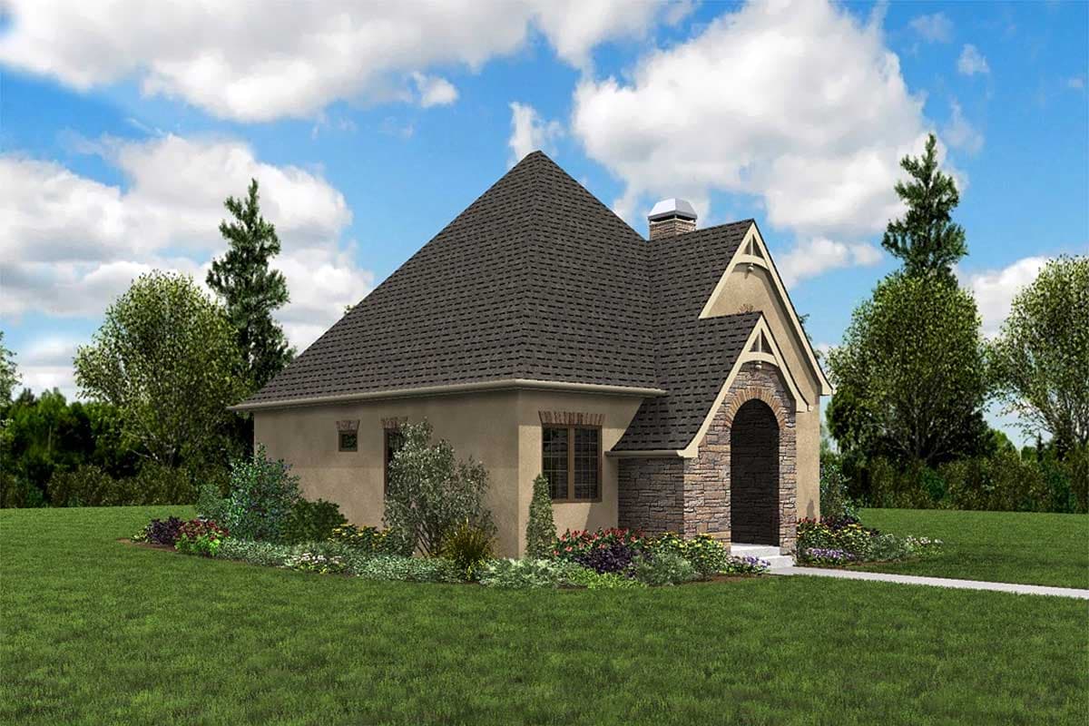 House plan exterior: one-story, dark roof, arched stone entry, and prominent gables.