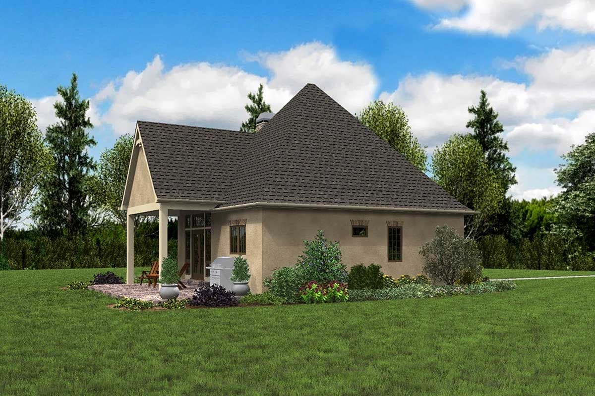 House plan exterior: One-story stucco home with a covered patio, gable, and large hipped roof.