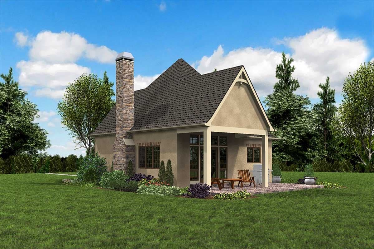 House plan exterior: One-story stucco home with prominent stone chimney, covered porch, and gabled roof.