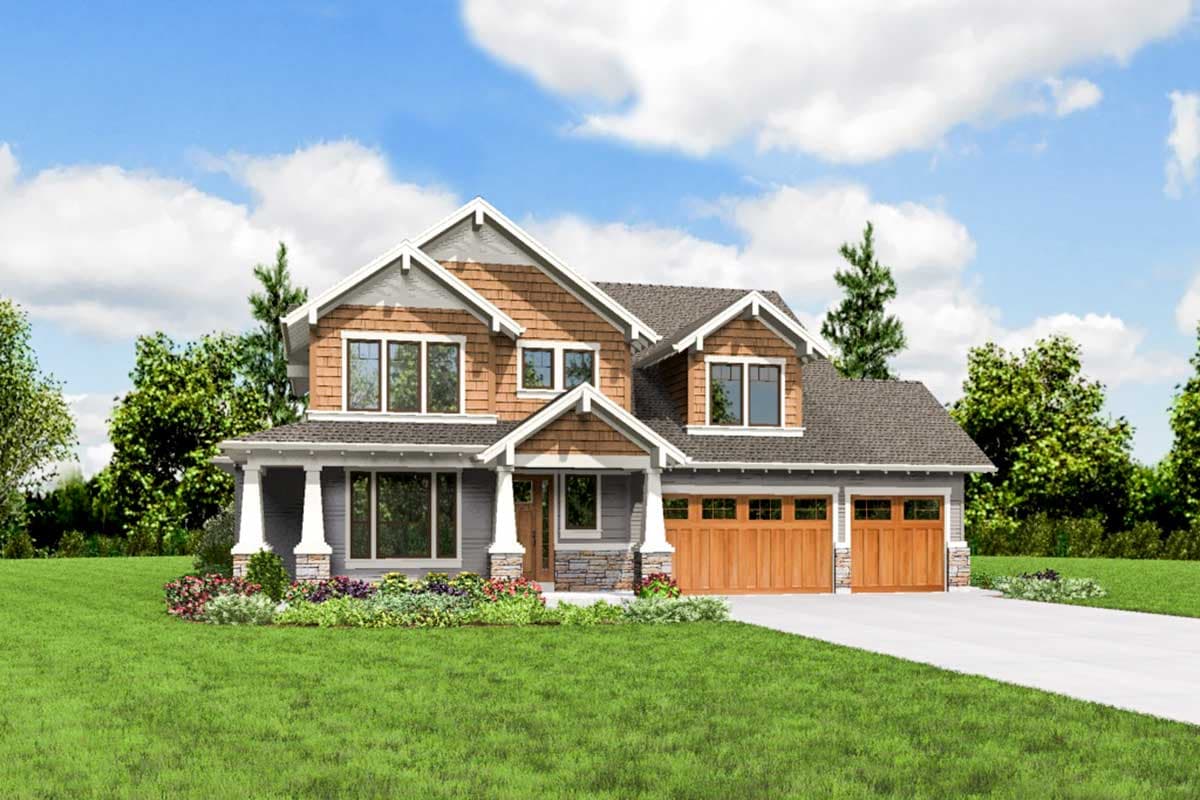 House plan exterior: Two-story Modern Farmhouse with a covered porch, gables, dormers, and a triple garage.