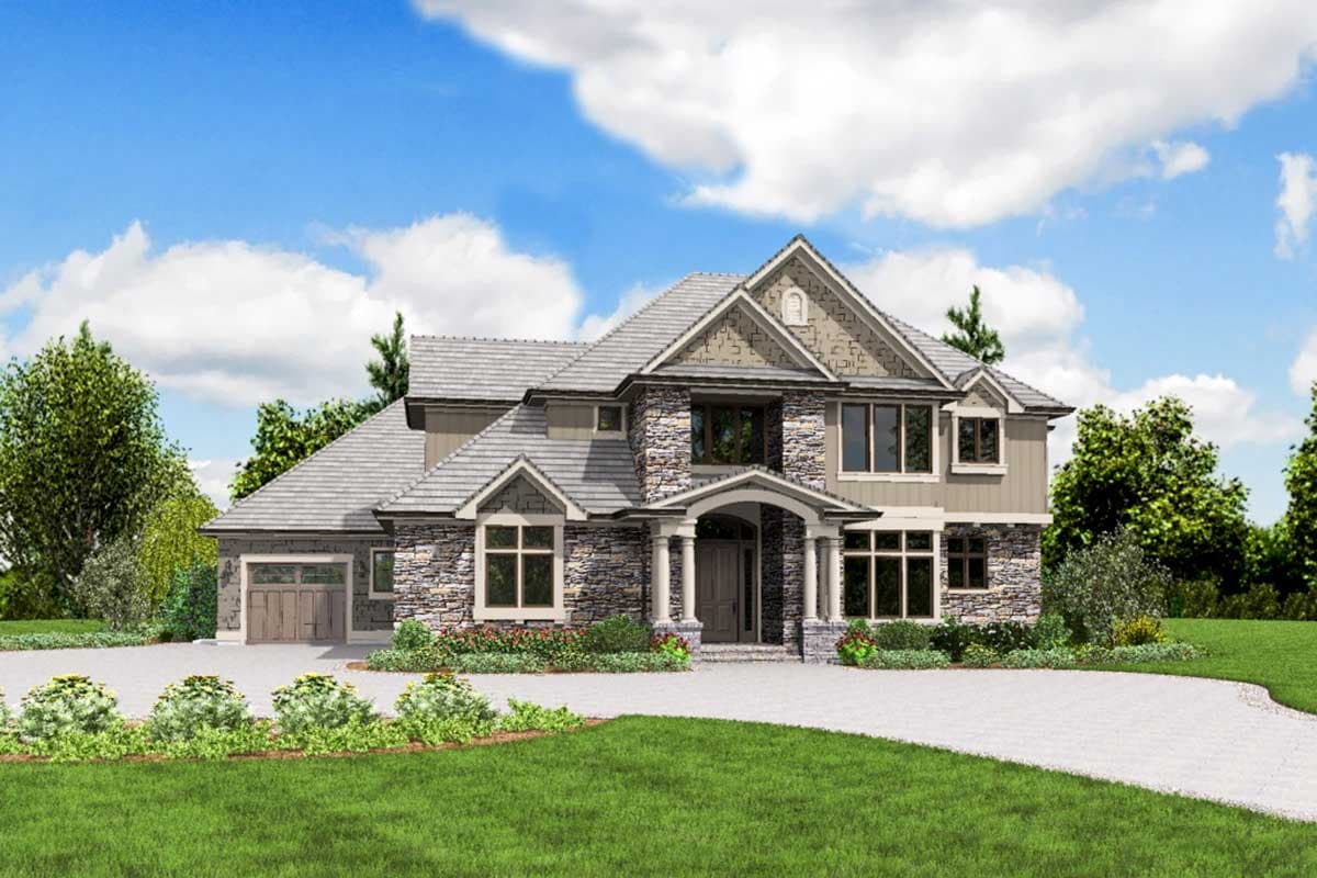 House plan exterior with stone facade, two stories, arched entry with columns, multiple gables, and a detached garage.