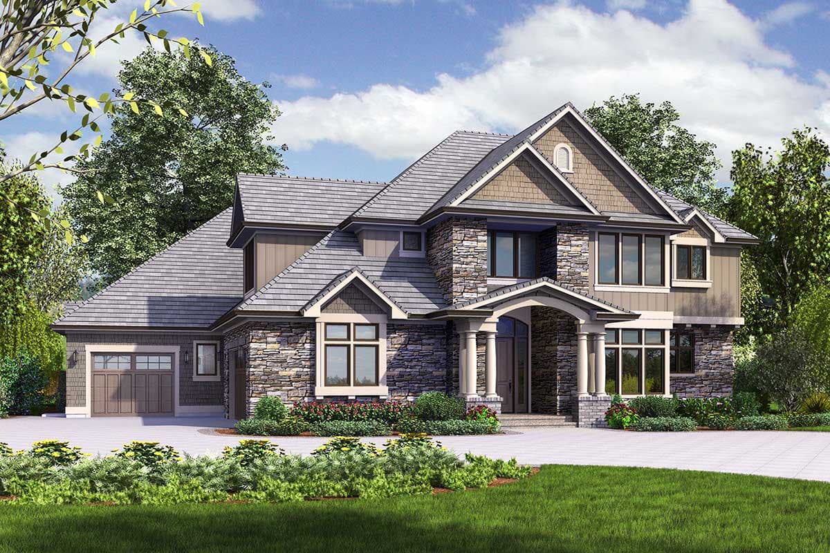 House plan exterior. Two-story home with stone facade, gabled roof, and covered porch with columns. Features include a side-entry garage and dormers.