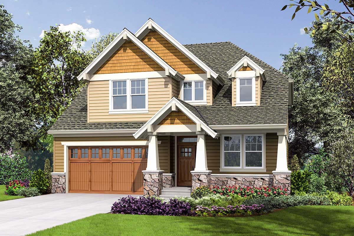 House plan exterior in Craftsman style. Two-story home with gables, dormers, and a covered front entry. Features include a two-car garage.