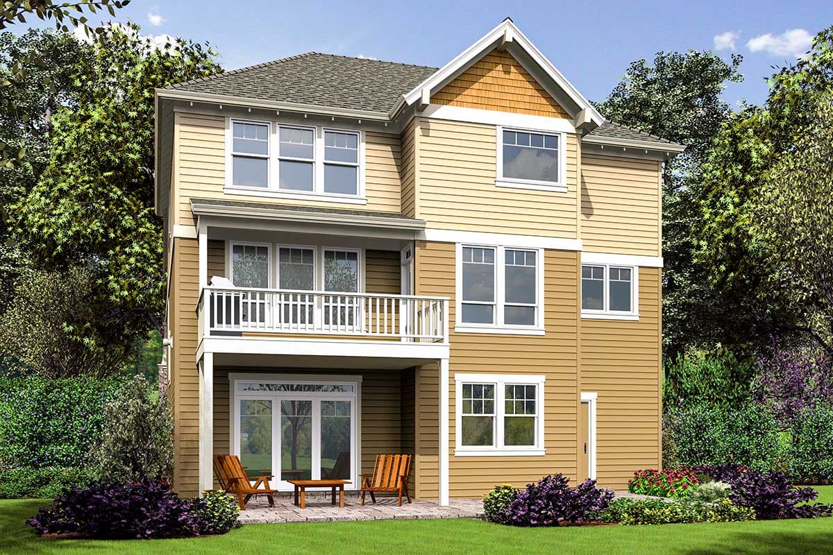 House plan exterior, three stories, with vinyl siding, balcony, gabled dormer, and multiple windows.
