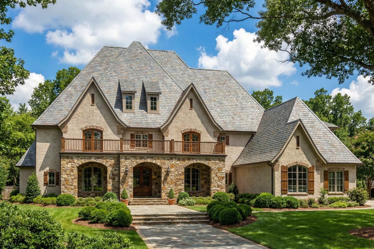 A large, luxury home with a stone and stucco facade, slate roof, and a manicured lawn. The home has arched doorways and wooden balconies.