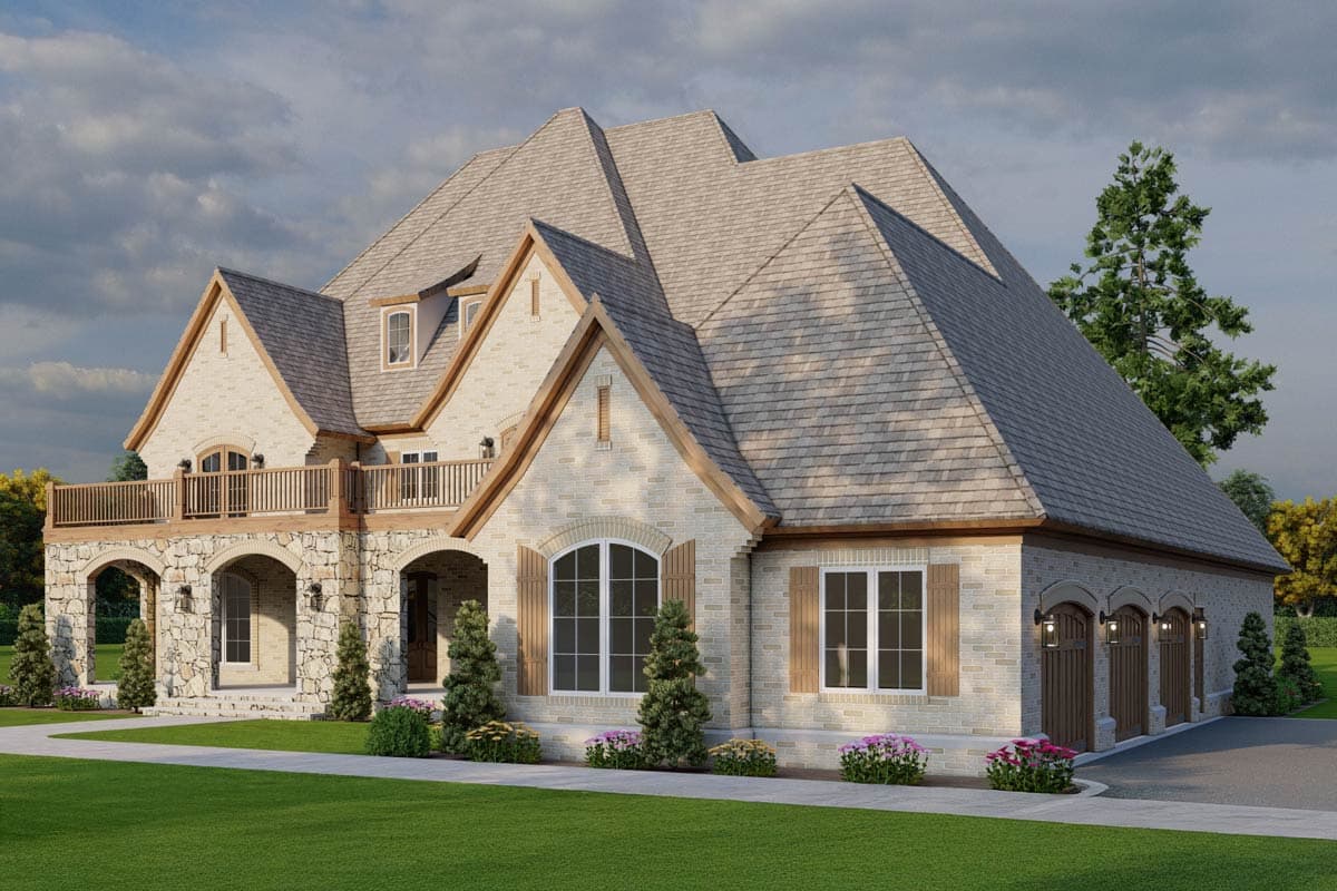 House plan exterior: Two-story home with stone accents, arched entryway, balcony, dormers, and three-car garage.
