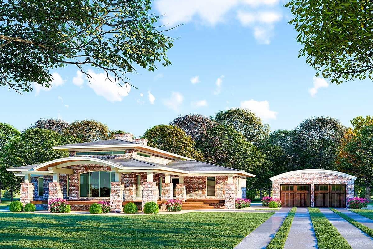 House plan exterior. One-story Modern house with brick facade, covered porch, and attached garage with arched entryways and wooden doors.