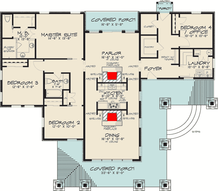 Plan 70580SND: Modern Prairie-Style House Plan with 2 Fireplaces - Floor Plan - Main Level - Contemporary, Mid Century Modern, Prairie
