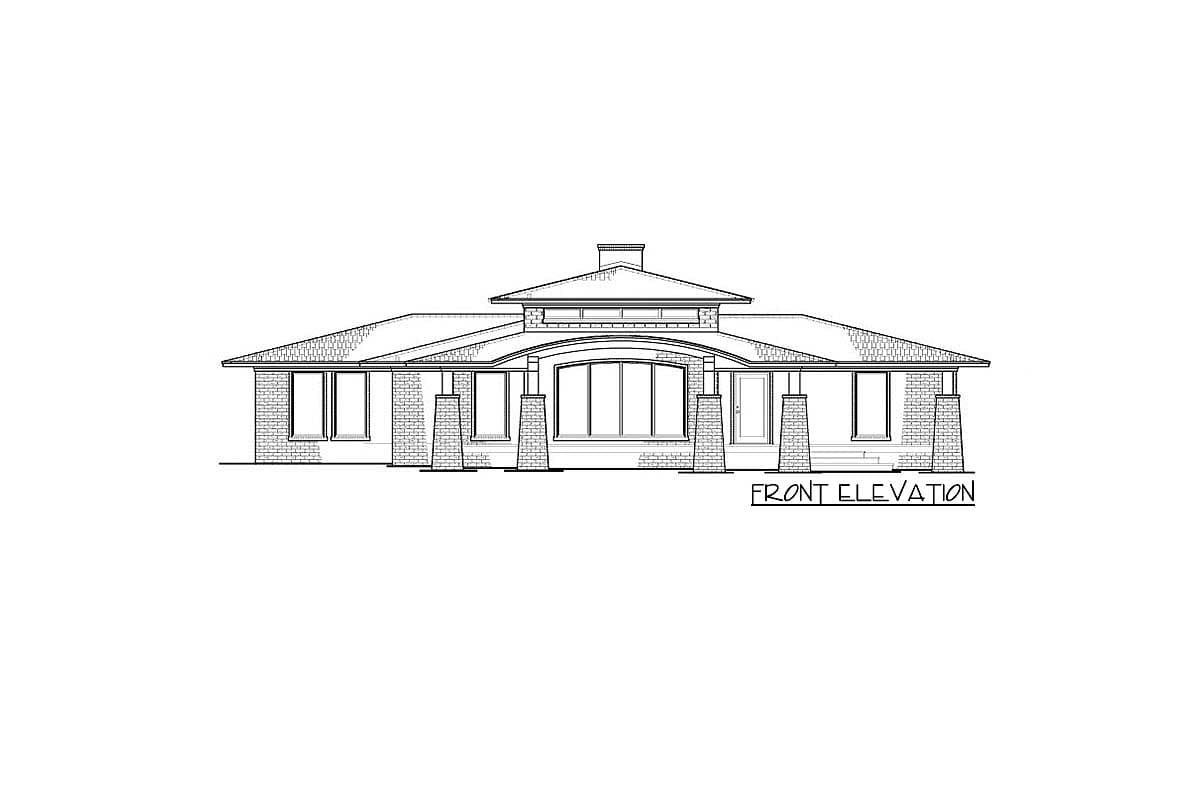 Front elevation drawing of a single-story house with a wide porch, brick accents, and a prominent central window.