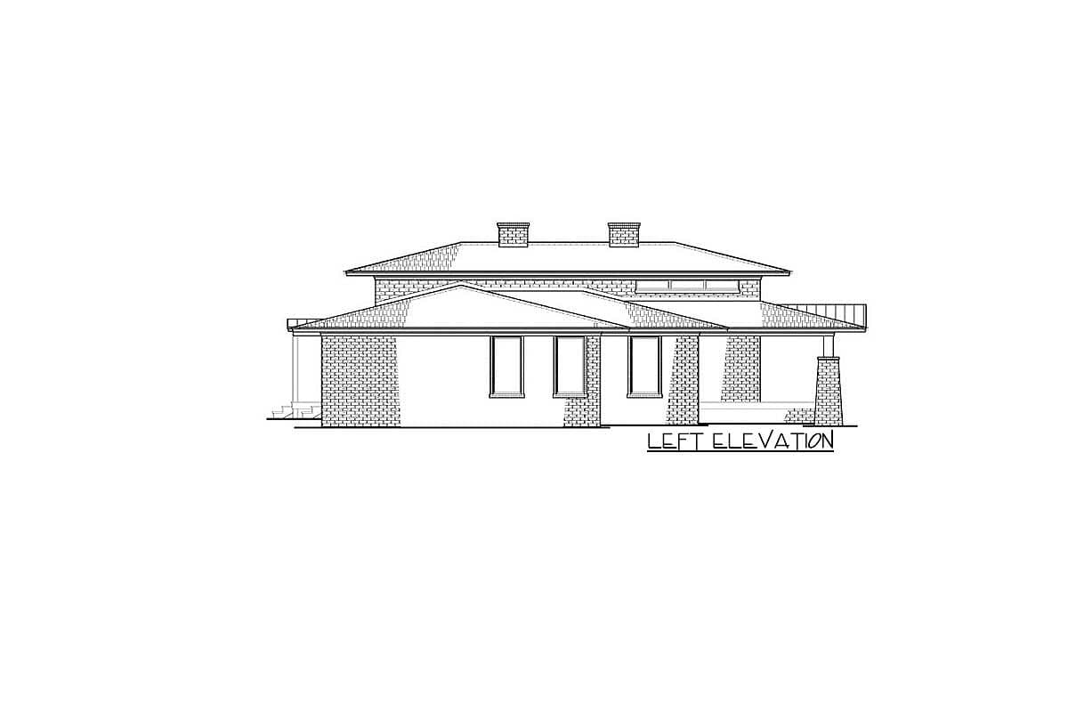 Left elevation drawing of a two-story house plan with gabled roofs, chimneys, and brick accents.
