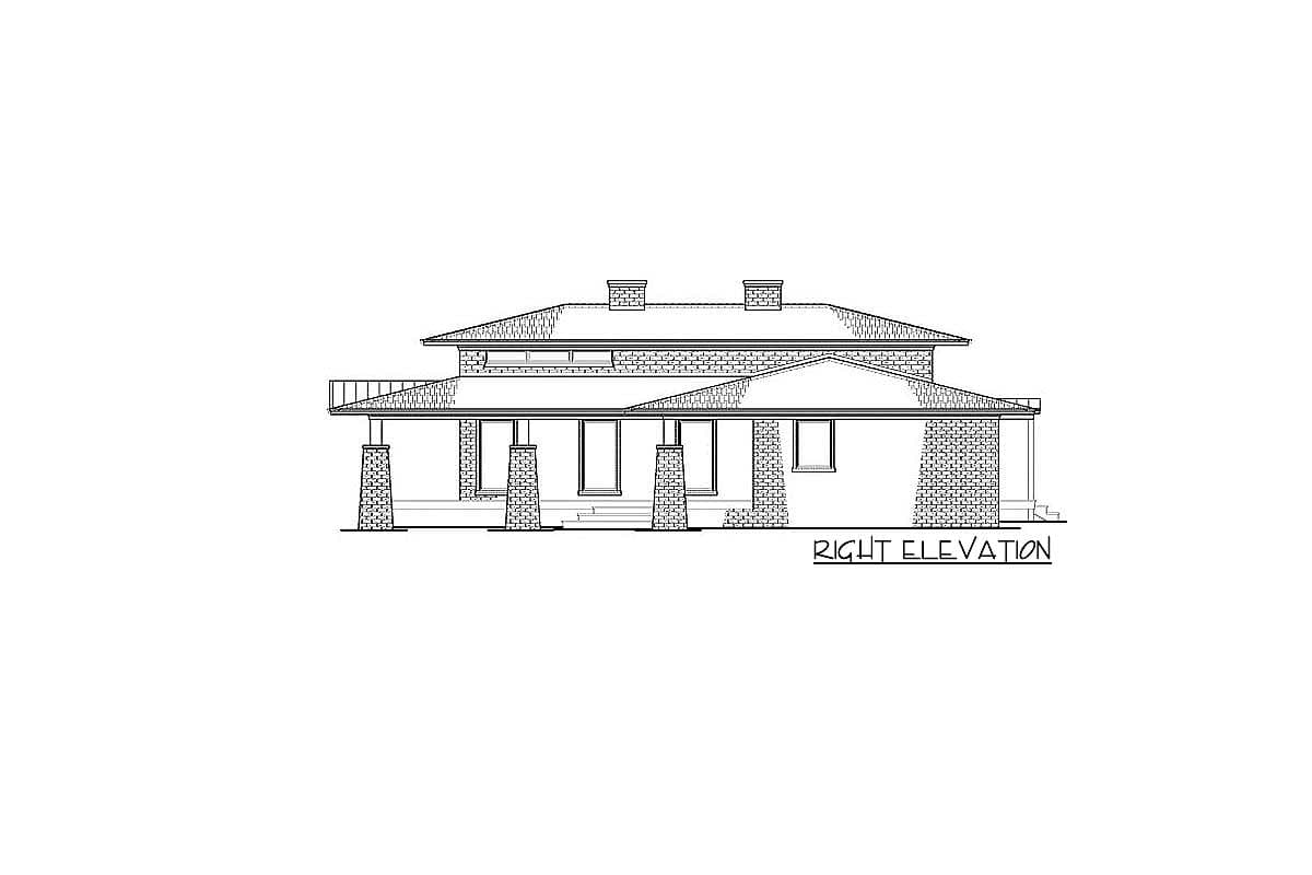 Architectural house plan right elevation drawing showing a two-story home with a hip roof, multiple gables, prominent porch, and stone accents.