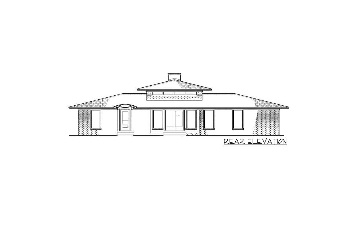 Rear elevation house plan showing a single-story home with a hip roof, covered entry, and multiple windows.
