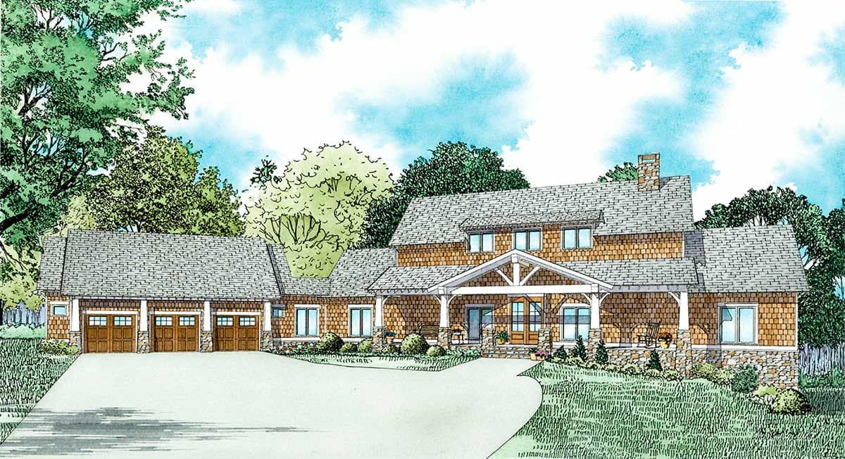 House plan exterior shows a shingled, two-story home with a stone base, a three-car garage, and a covered entry porch with decorative bracing.