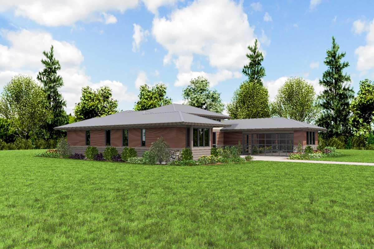 Modern house plan exterior with a low-pitched roof, stone base, wood siding, and a detached garage with glass doors.