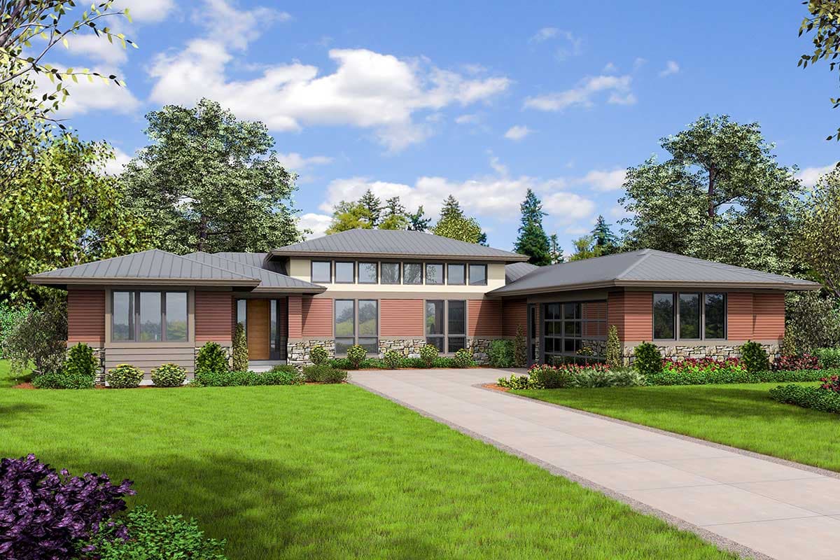 Modern house plan exterior with a single story, flat rooflines, and a covered entryway. Features include large windows and a front-facing garage.