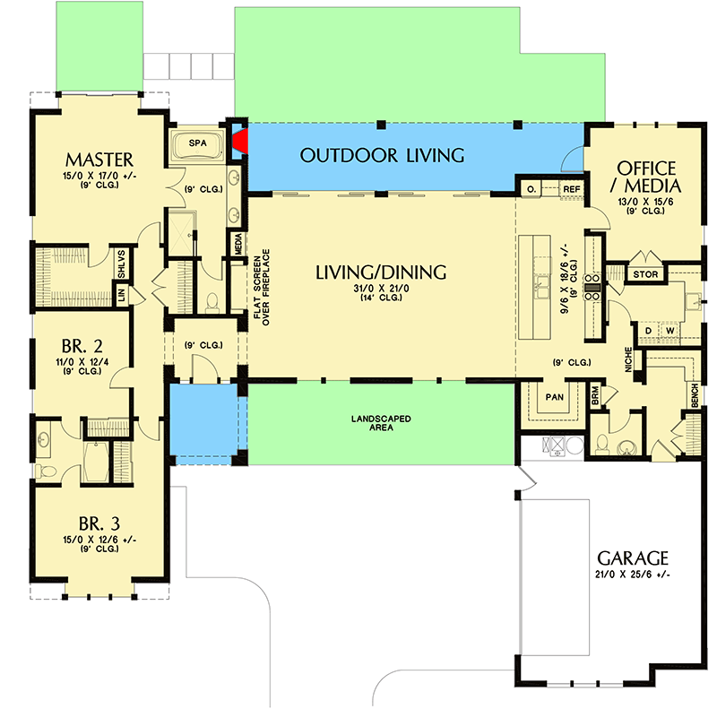 Plan 69674AM: 3-Bed Modern Prairie-Style House Plan with Outdoor Living - Floor Plan - Main Level - Northwest, Prairie