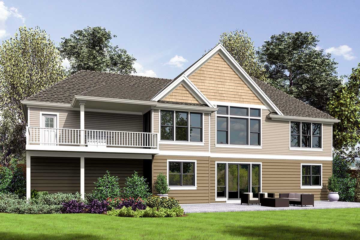 House plan exterior: Two-story home with a deck, large windows, gable end with cedar shingles, and horizontal siding.