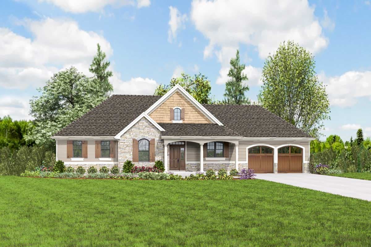 House plan exterior: Craftsman style, one-story home with stone accents, covered entry porch, and a double garage.