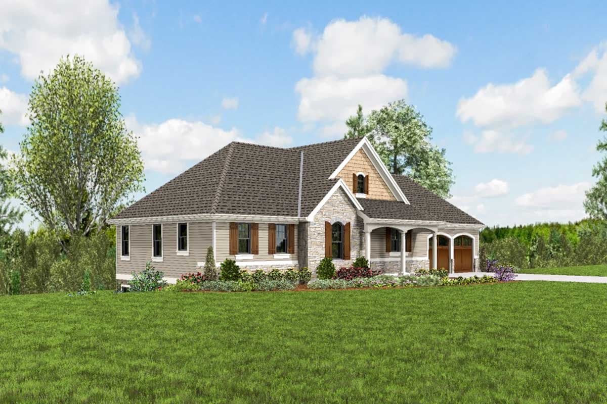House plan exterior: One-story Modern Farmhouse with stone accents, gabled dormer, covered porch, and side-entry garage.