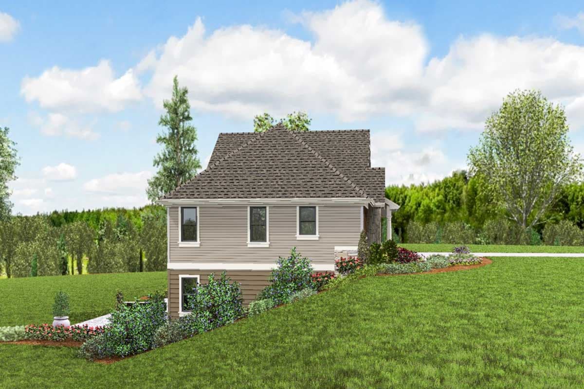 House plan exterior, two stories, siding, stone accents, gable roof, and front porch.