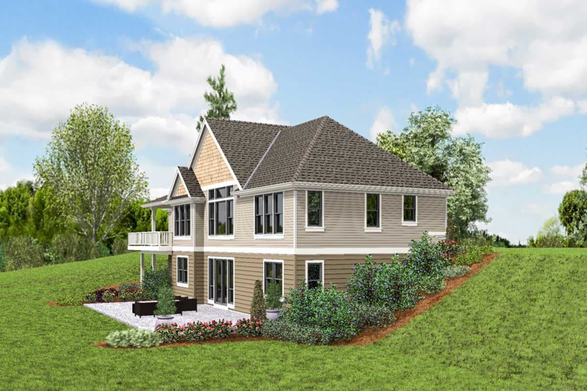 House plan exterior rendering of a multi-story home with a covered porch, multiple gables, and large windows.