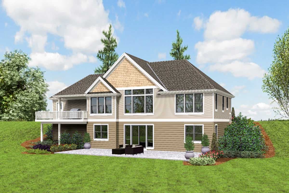 House plan exterior, two stories, with a deck, gable, and large windows.