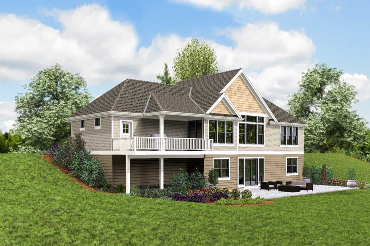 House plan exterior: Two-story home with a covered porch, multiple gables, large windows, and a walk-out lower level.