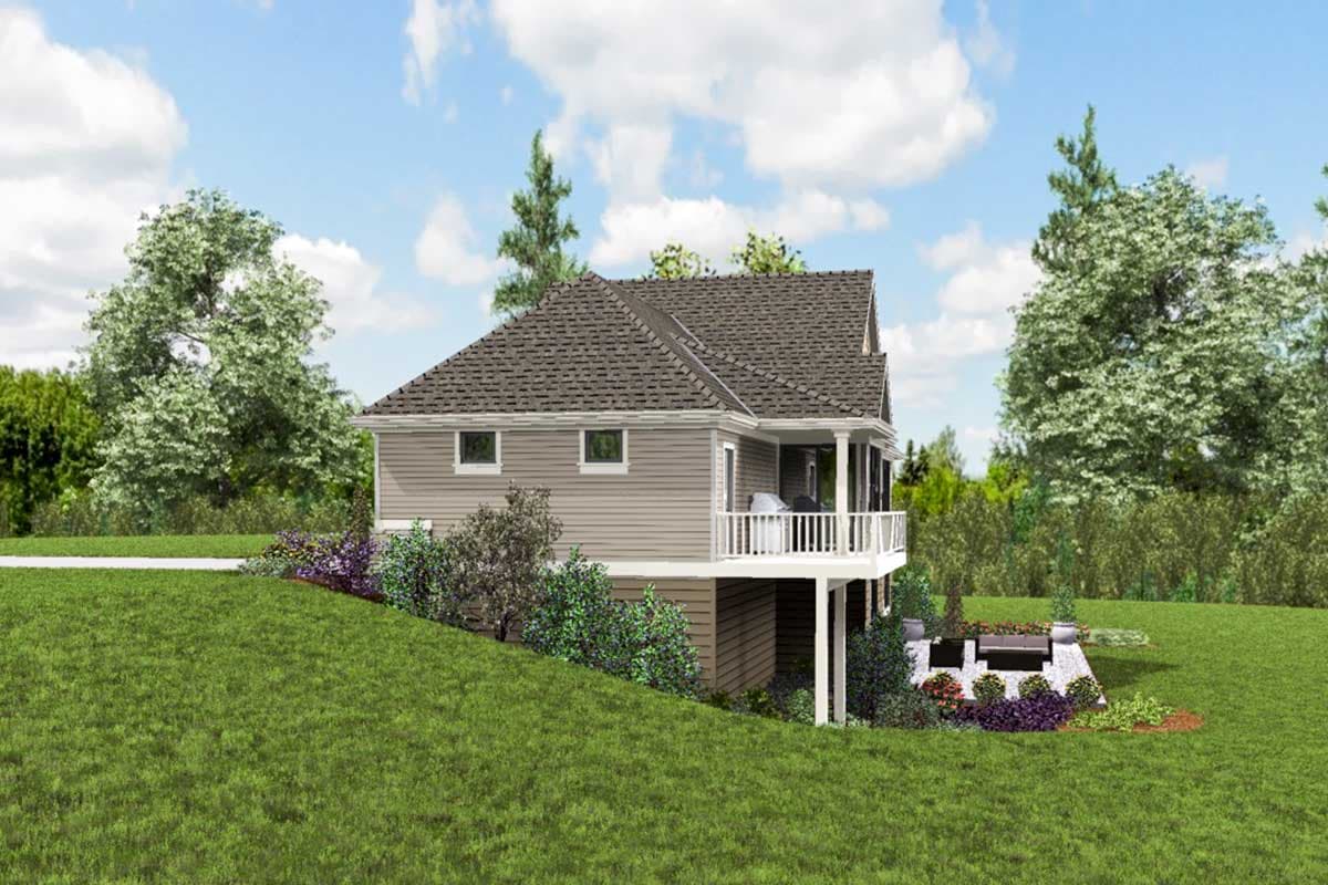 House plan exterior: Two-story home with a wraparound porch, gabled roof, and side-facing garage.
