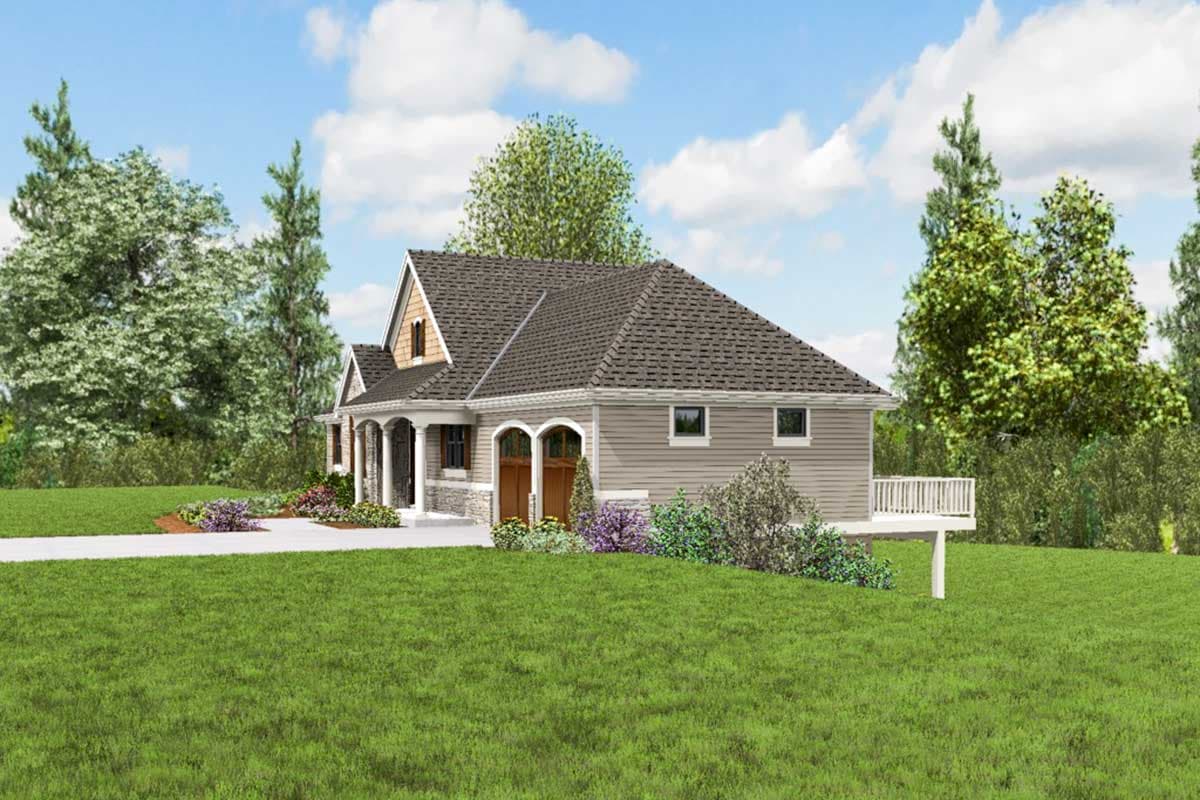 House plan exterior: Craftsman style, one story, covered porch with columns, arched garage doors, and a deck.