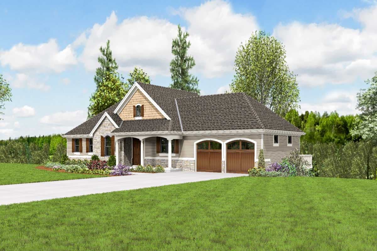 House plan exterior: Ranch style with stone accents, covered entry porch, dormer, and a double-wide garage.