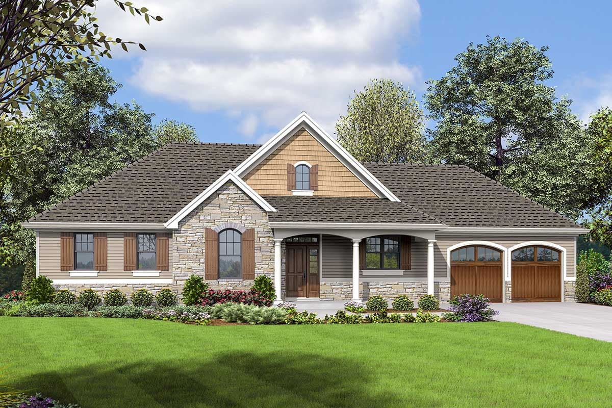 House plan exterior. Ranch style with a stone facade, arched window shutters, and a front porch with columns. Features a three-car garage.