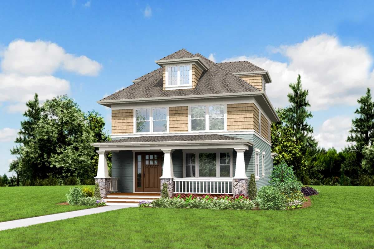 House plan exterior: Two-story Craftsman style with wraparound porch, dormer, and shingle and clapboard siding.