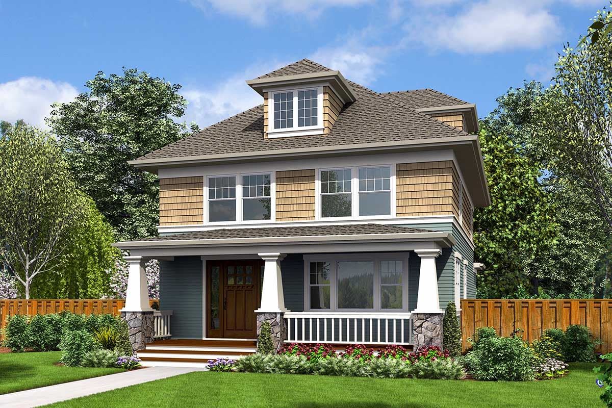 House plan exterior. Two-story Craftsman home with a front porch supported by columns. Features include a dormer and shingle siding.