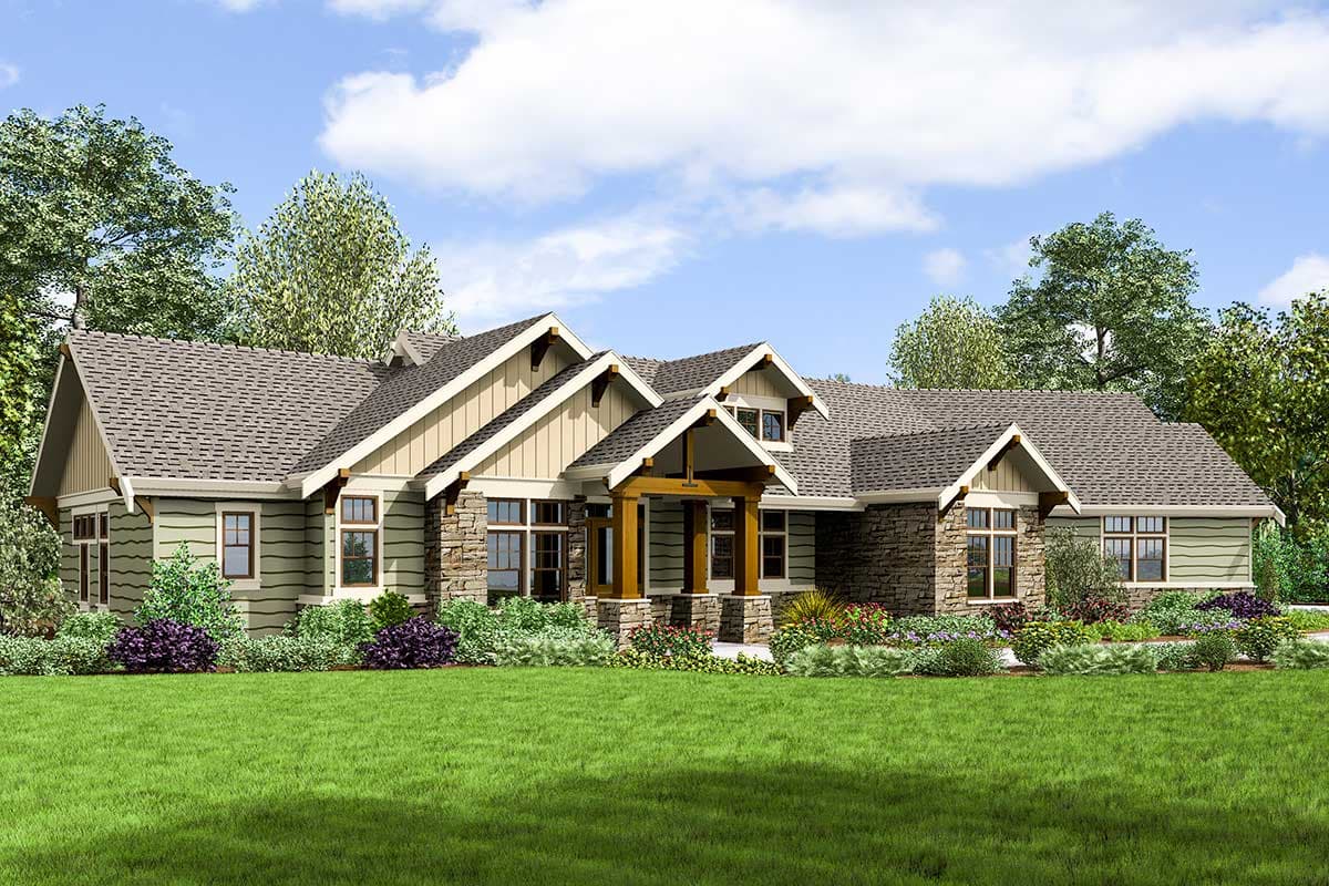 House plan exterior featuring a Craftsman style. The home has a gabled roofline, stone accents, and a covered porch. One story house.