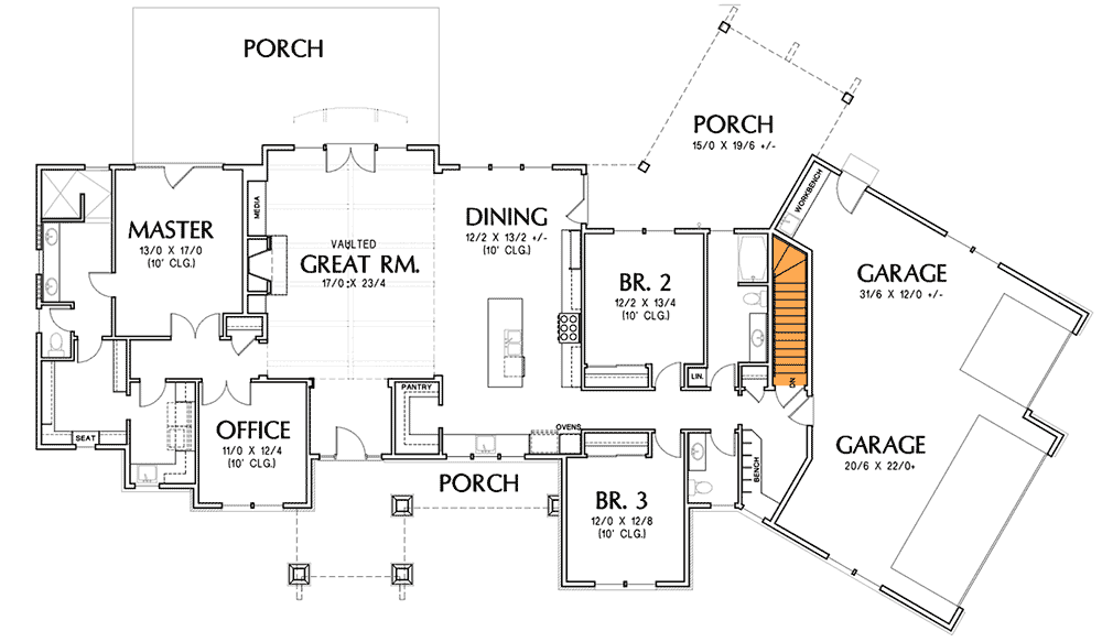 Plan 69677AM: Handsome Craftsman House Plan - 2493 Sq Ft - Floor Plan - Basement Stairs - Craftsman, Northwest, Ranch