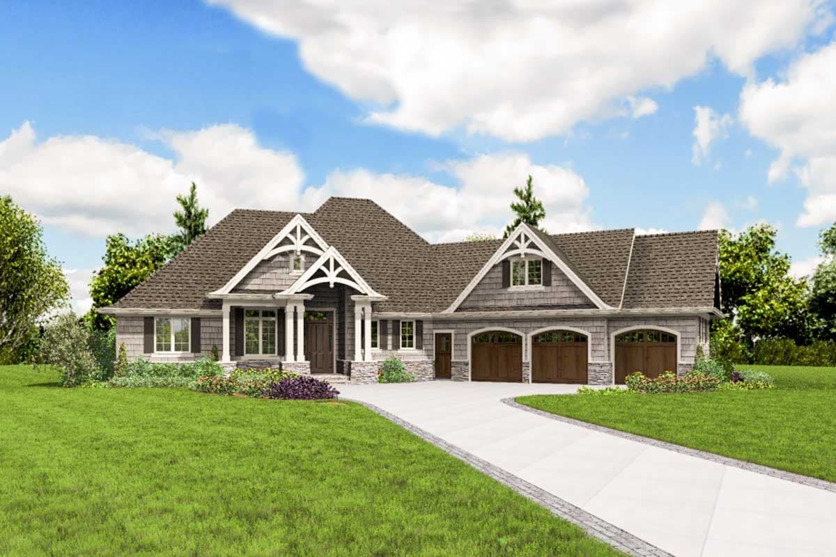 House plan exterior: Ranch style with large covered entry, prominent gables, and a three-car garage.